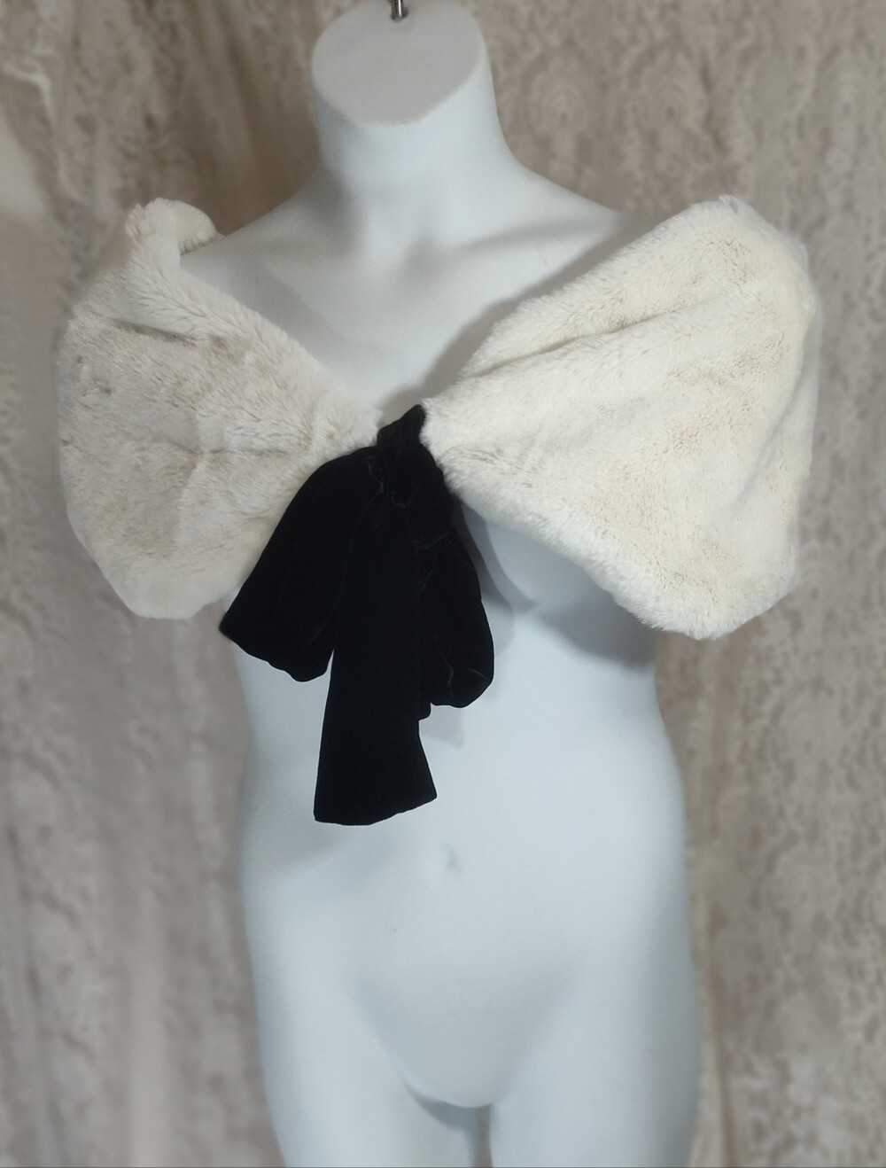 Ivory Faux Fur Wrap with Black Velvet Bow